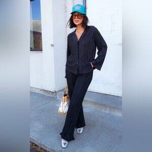 DRESSED IN LALA Black Pleated Button-Up Shirt and Pants Set, size L